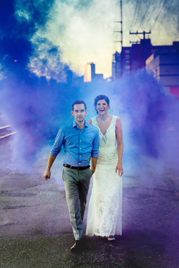 Bride and groom in urban Seattle-area wedding photoshoot. Lovely Events.